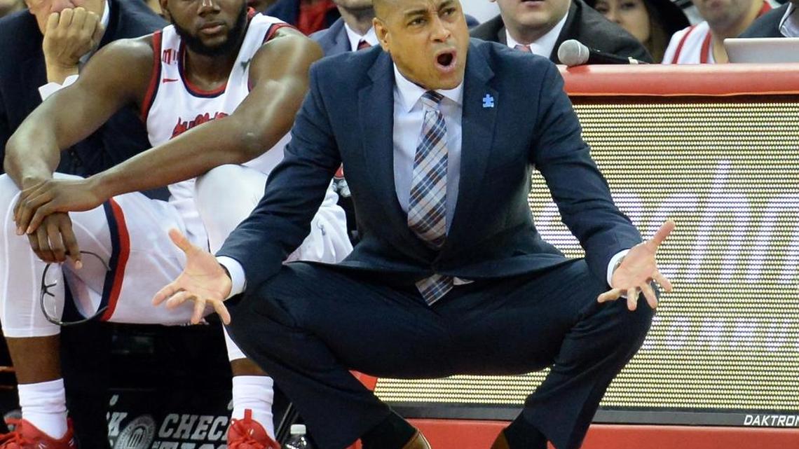 Fresno State men’s basketball coach Rodney Terry complains about a call during a February game at Save Mart Center.