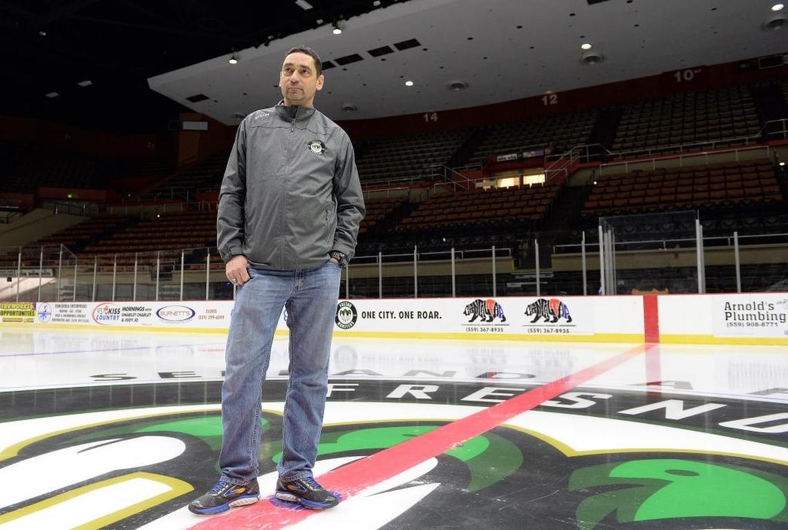 Fresno Monsters owner Jeff Blair stands at center ice at Selland Arena in downtown Fresno, where the junior hockey team will be playing their first games since 2013. Blair would like to see the Monsters play Friday and Saturday games at Selland starting next season.