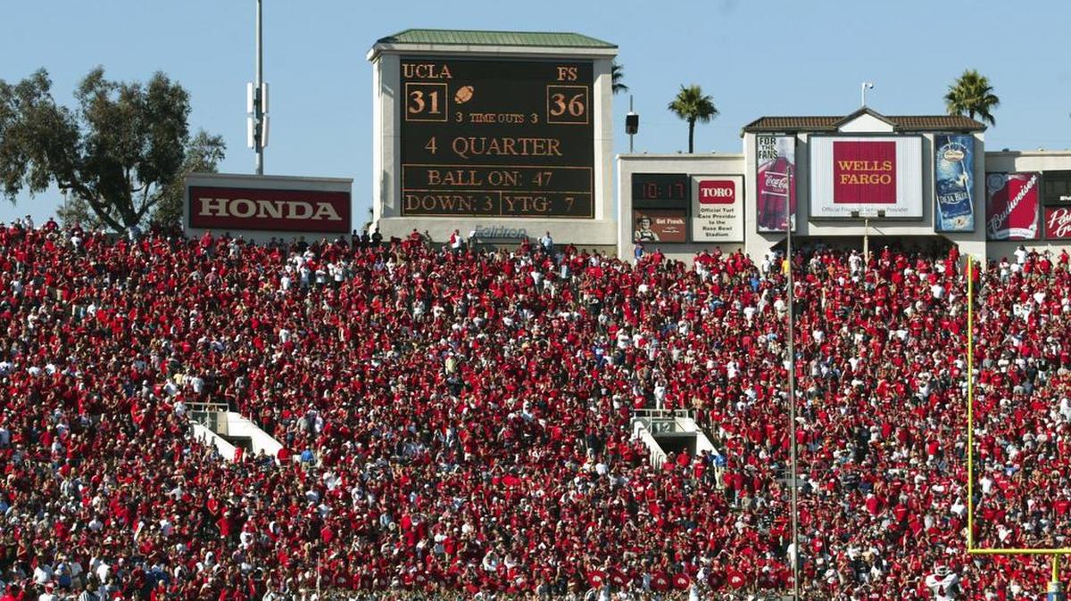 A sea of red fills the north end of the Rose Bowl where a huge contingent of Fresno State fans watched the Bulldogs beat UCLA 36-31 on Saturday, Sept. 27, 2008.
