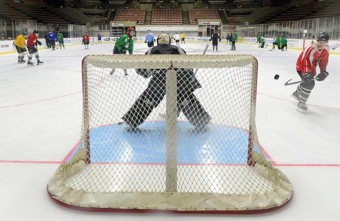Members of the Fresno Monsters hockey team practice shots on goal at Selland Arena in downtown Fresno on Wednesday, Feb. 14, 2018. The Monsters are playing at Selland on Thursday, Friday and Saturday night, the first hockey games in the arena since 2013.