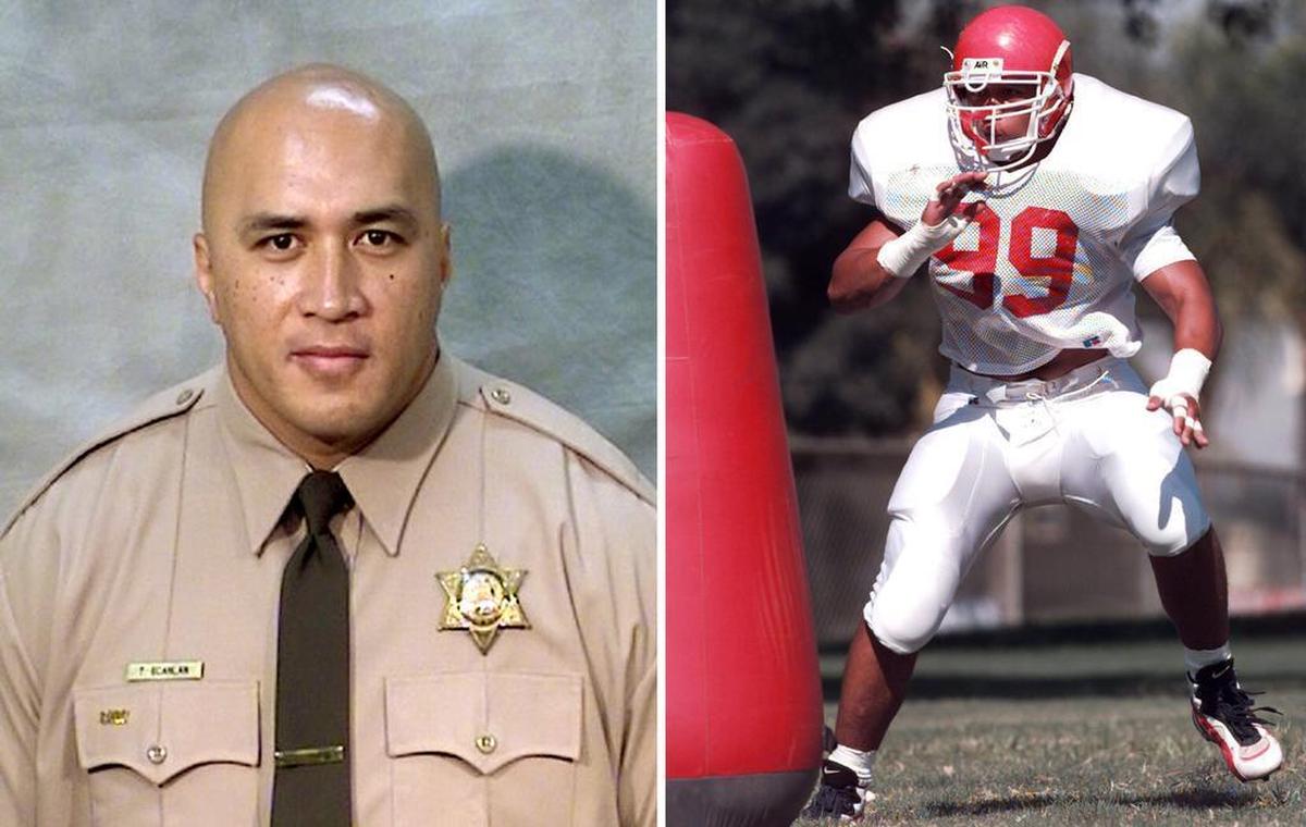 Fresno County correctional officer Toamalama Scanlan is shown in his official jail staff photo and in a Bee file photo from his days as a Fresno State football player. Scanlan joined the team as a walk-on in spring 1995 before earning a scholarship and starting 11 games at defensive end in 1996.