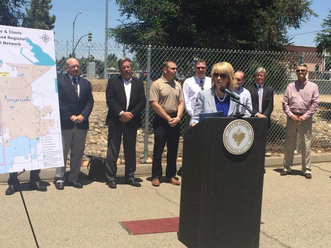 Former Fresno Mayor Ashley Swearengin speaks at a June 2016 press conference announcing the $9.5 million Midtown Trail, a 7.1-mile Class I bike path linking Blackstone Avenue to the Old Town Clovis Trail.