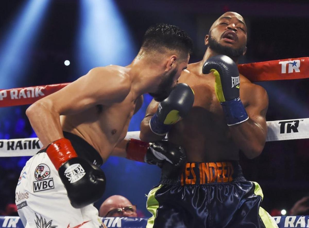 Avenal’s Jose Ramirez has Michael Reed against the ropes at Fight For Water 7, held Saturday, Nov. 11, 2017 in Fresno.