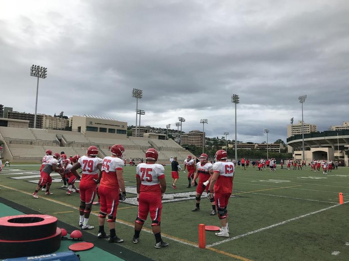 Fresno State offensive linemen go through preparations for Sunday’s Hawaii Bowl against Houston during a practice session at the University of Hawaii.