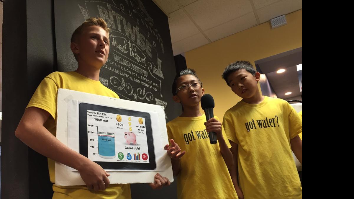
Riverview Elementary School sixth graders Corben Beaty, Daniel Shin and Evan Murai pitch their app.
