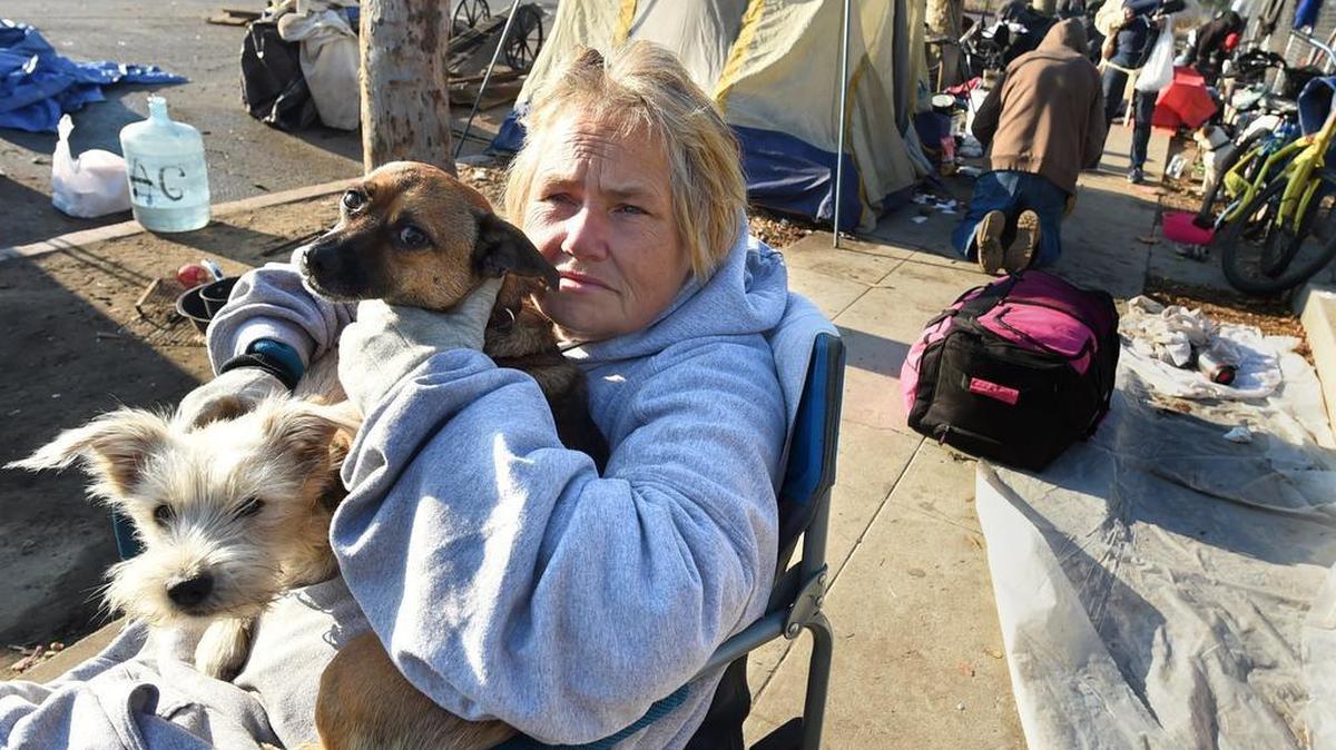 Cynthia Lulay, a woman who is homeless and says she was diagnosed with bone cancer, sits with her dogs on Santa Clara Street.