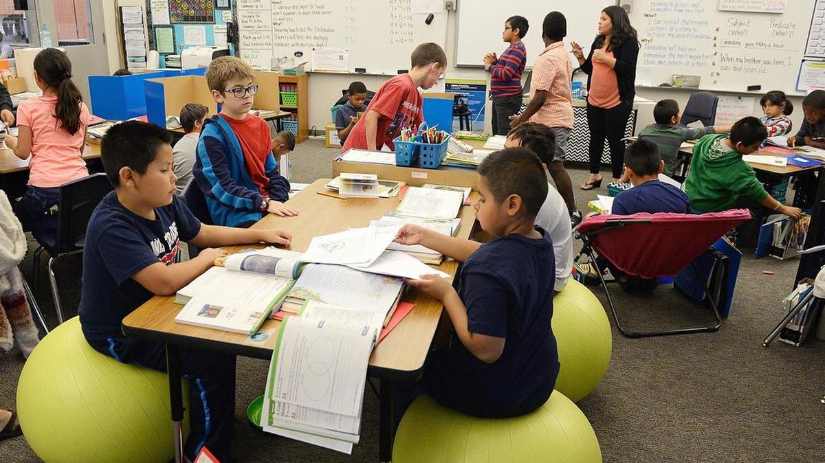 Students work from a variety of different seat choices in Brenda McLain’s fourth grade classroom at McCardle Elementary School in Fresno.