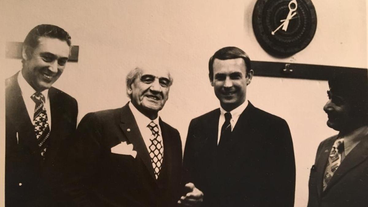 Attorney James Lindsay, defendant Gourgen Yanikian, District Attorney David Minier, attorney Vasken Minasian in 1972.