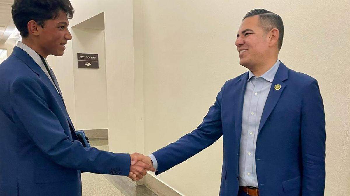 Shiv Mehrotra-Varma of Fresno, left, meets Rep. Robert Garcia, a Democrat from Long Beach, at the Capitol.