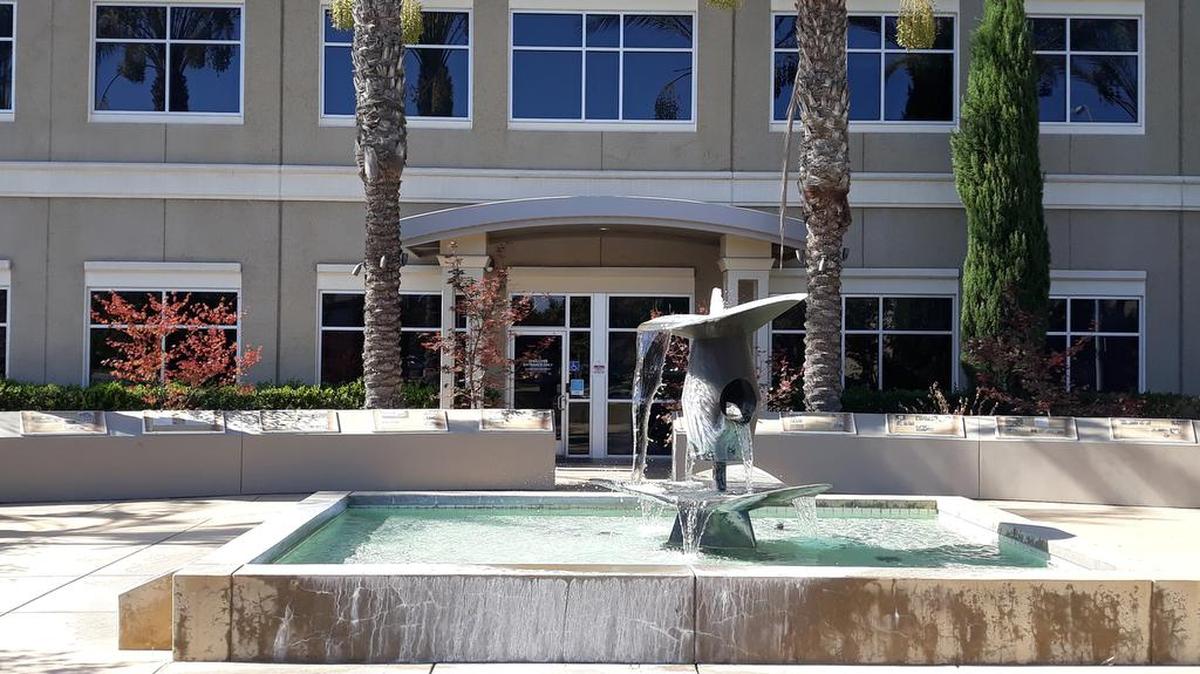 The fountain at the Pinedale Assembly Center commemorates the Japanese American internment during World War II.
