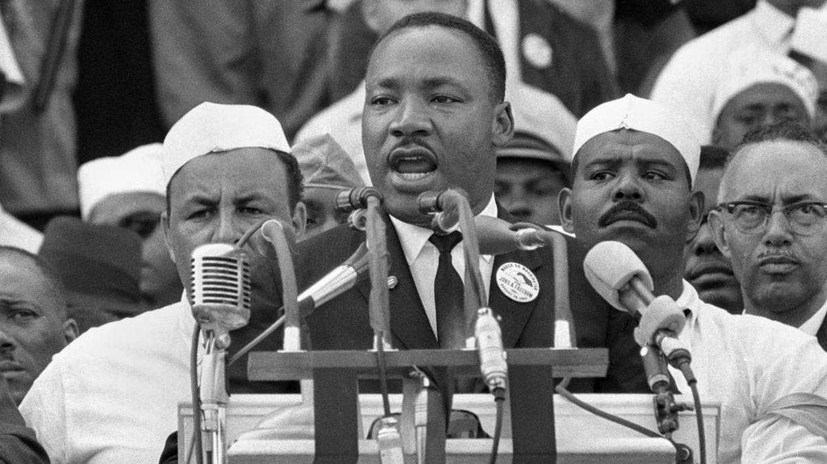 In this Aug. 28, 1963, file photo, Dr. Martin Luther King Jr., head of the Southern Christian Leadership Conference, addresses marchers during his "I Have a Dream" speech at the Lincoln Memorial in Washington.