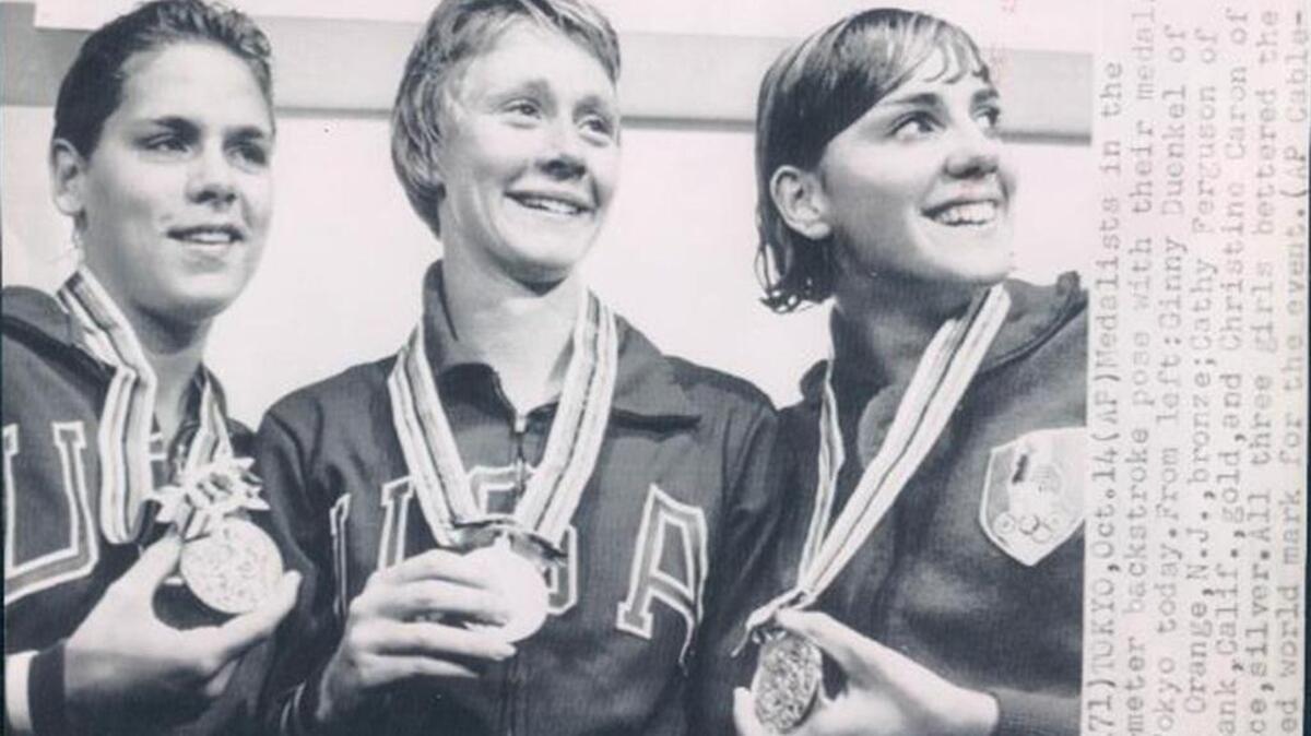 Winners in the 100-meter backstroke in the 1964 Tokyo Olympics, from left, Ginny Duenkel, West Orange, N.J., bronze, Cathy Ferguson, Burbank, gold; Christine Caron, France, silver. World records for the event were set that day.