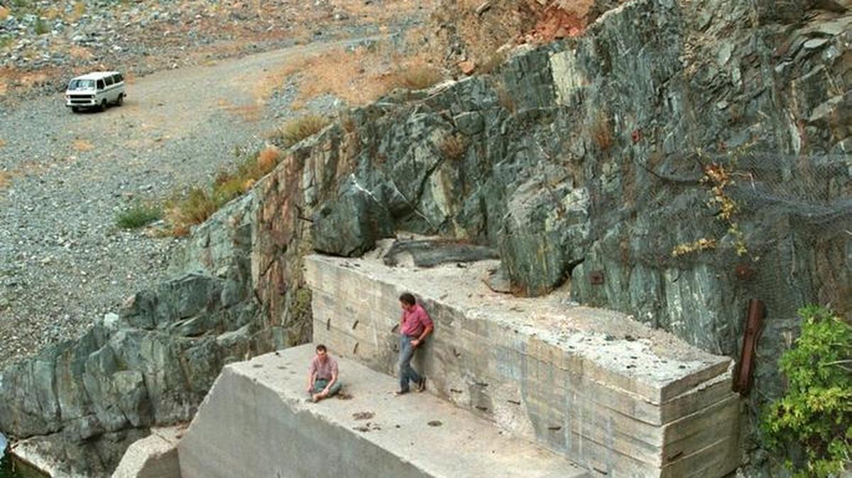 Two Auburn residents above the tunnel that channeled American River water away from the proposed dam site. The American River Canyon is one of the most disturbed areas in California.