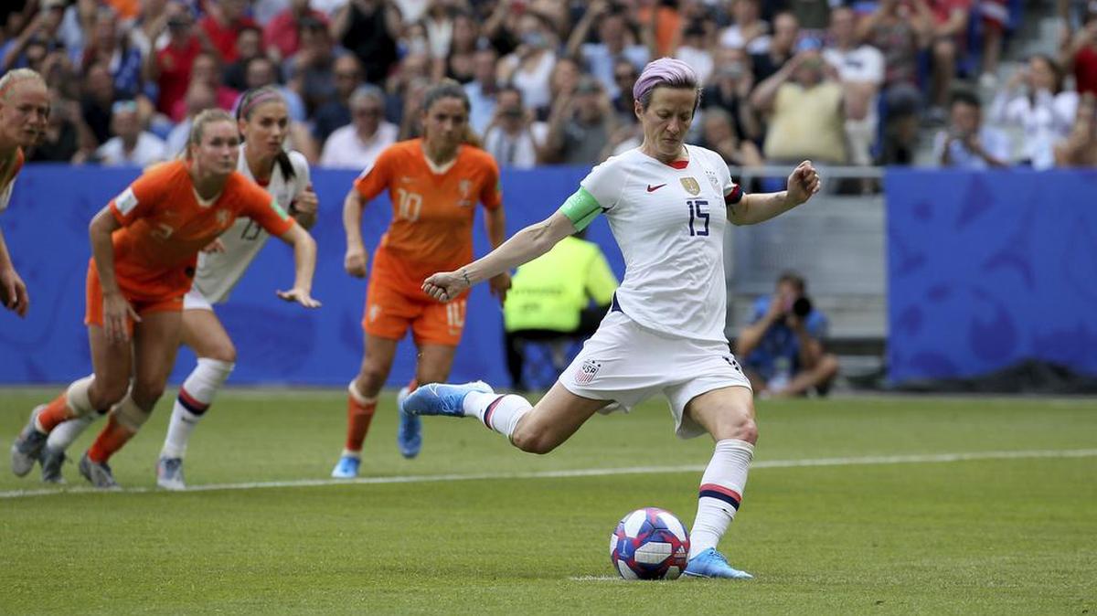 United States’ Megan Rapinoe scores her side's opening goal from a penalty shot during the Women’s World Cup final soccer match between US and The Netherlands at the Stade de Lyon in Decines, outside Lyon, France, Sunday, July 7, 2019.