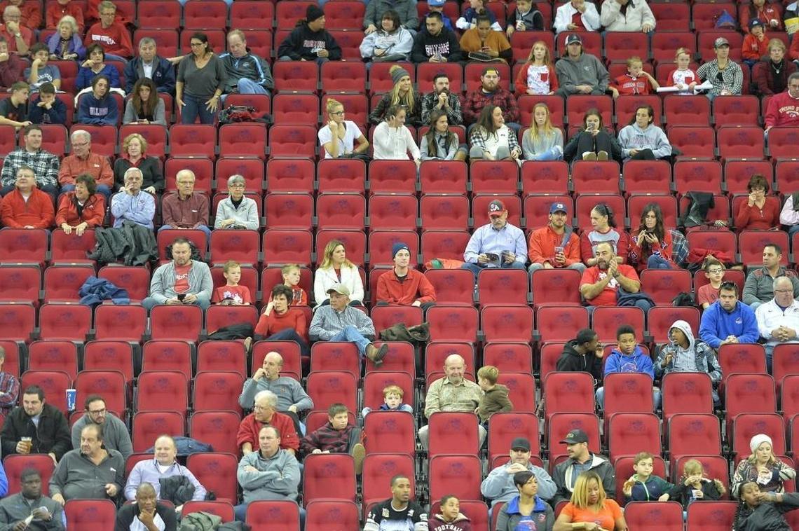 A sparse collection of fans watches the first half of a Fresno State basketball against. Boise State at the Save Mart Center on Saturday, Jan. 14, 2017, in Fresno.