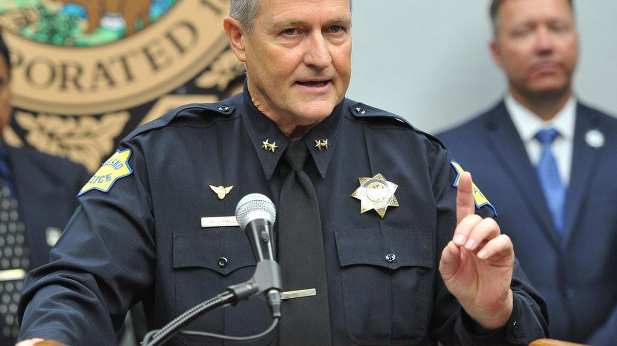 Andy Hall speaks at a press conference after he was introduced as the acting Fresno chief of police, Friday morning, Aug. 23, 2019.