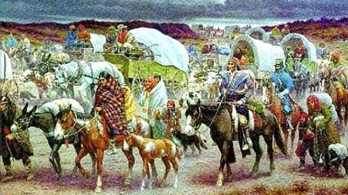 An artist’s rendering of the Trail of Tears displacement endured by American Indians in the 1800s.