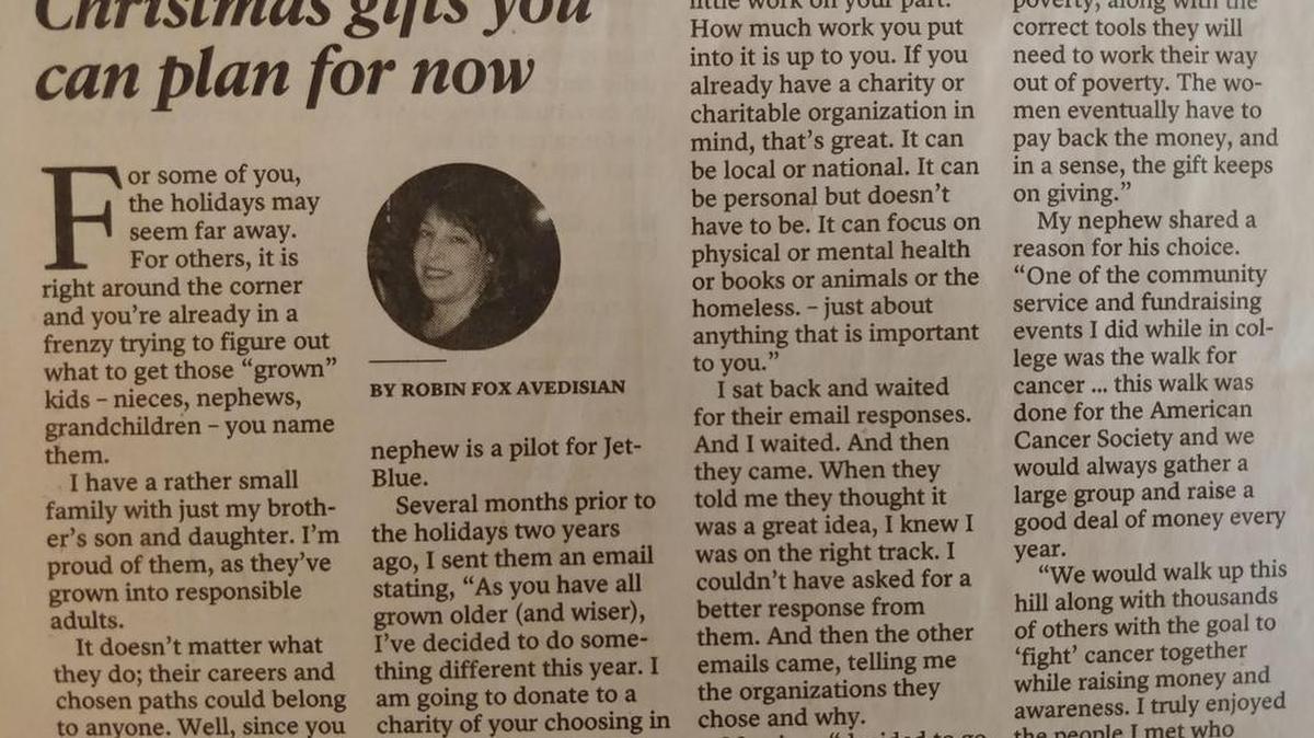 A 2017 column Robin Fox Avedesian wrote on holiday gift giving.