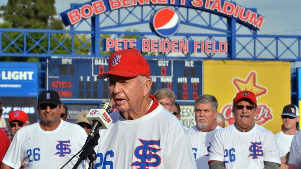 Former Fresno State baseball coach Bob Bennett speaks in a ceremony at which the school re-named the baseball facility "Pete Beiden Field at Bob Bennett Stadium" before the Bulldogs' game against San Diego State on May 7.