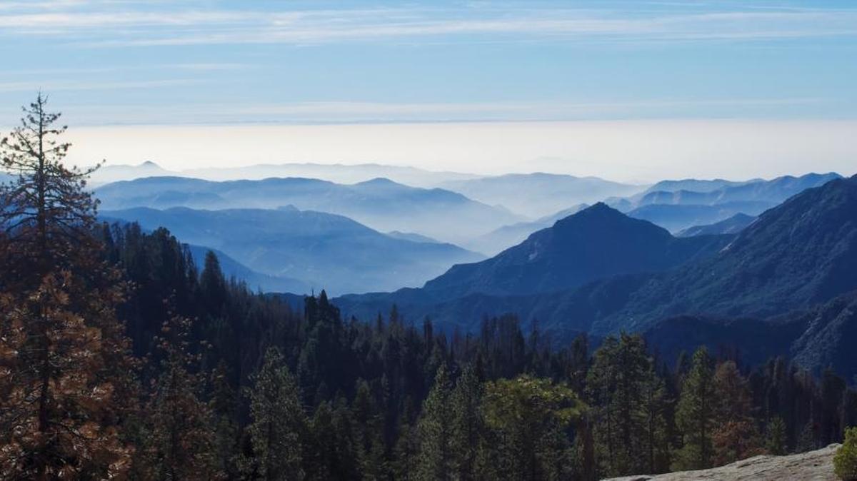 A haze can be seen blanketing the mountains and Valley floor beyond; when haze from the Valley reaches the mountains, the pollution it contains does even more damage.