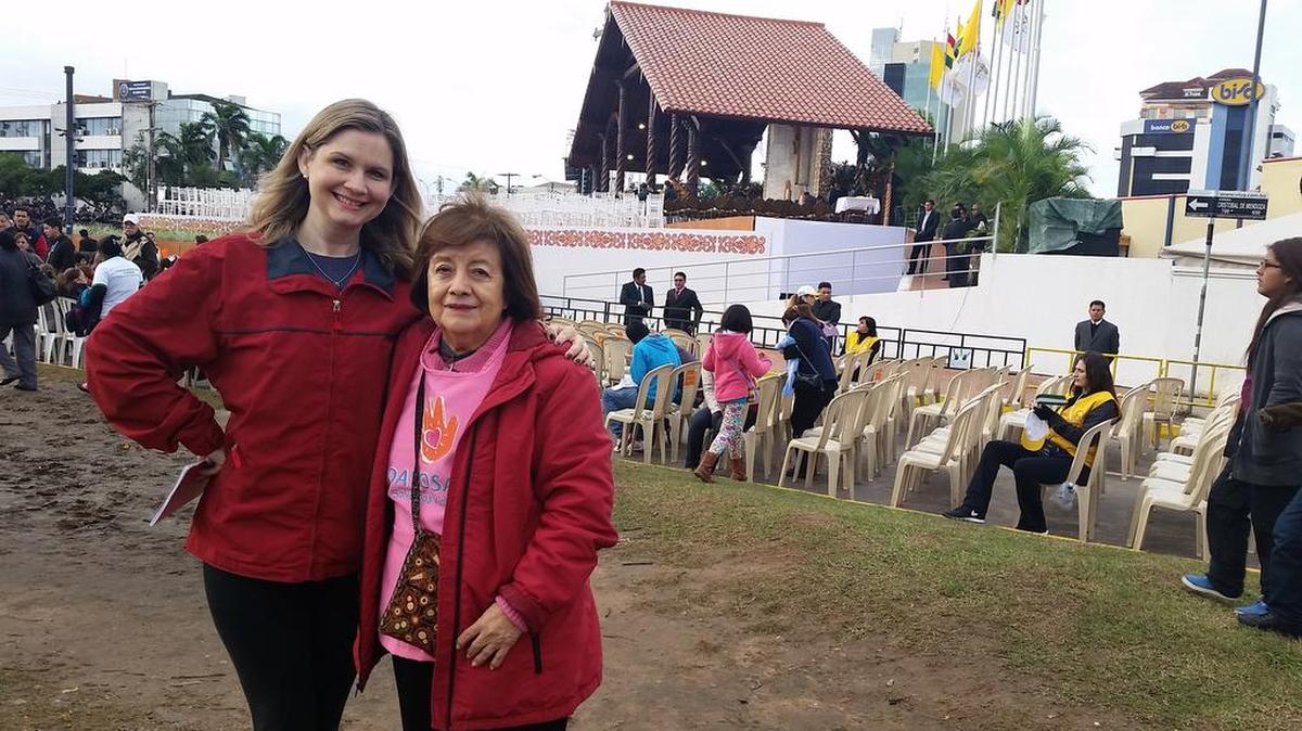 
Clare, left, and Tere Anzoleaga waiting for Pope Francis to speak in Bolivia
