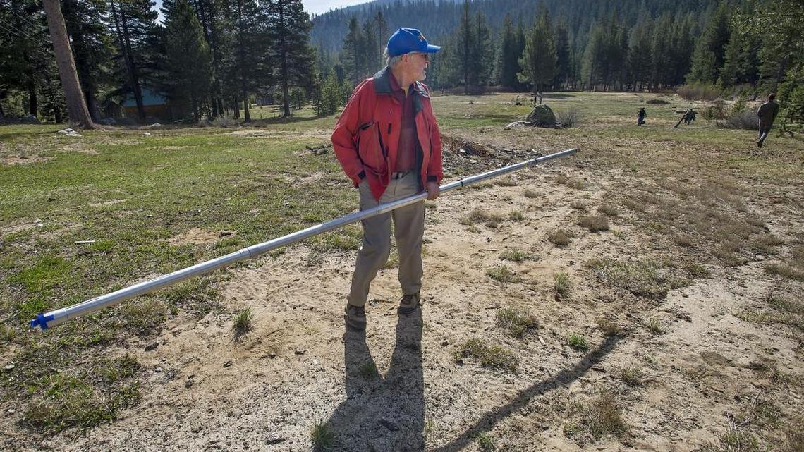 Frank Gehrke of the California Department of Water Resources looks over the futility of the measurement process during the annual snowpack survey in Phillips on Wednesday, April 1, 2015. This year the snowpack was much better, but for the first time since measurements began in 1942, there was no snow to measure on this date just two years ago.