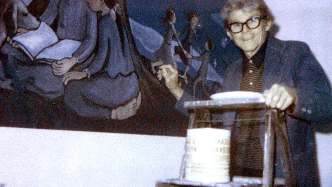 The late Leo Politi painted this large brightly colored mural of children, and his own dog, which still hangs in the Politi Branch Library that was named for him.