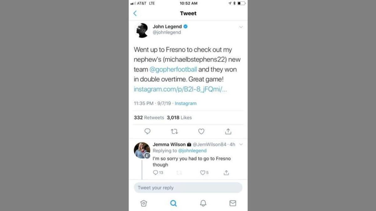 Jemma Wilson, a communications manager at Firestone Walker Brewing Co. in Paso Robles, responds to a tweet from singer John Legend with a dig about Fresno. The tweet was subsequently deleted.