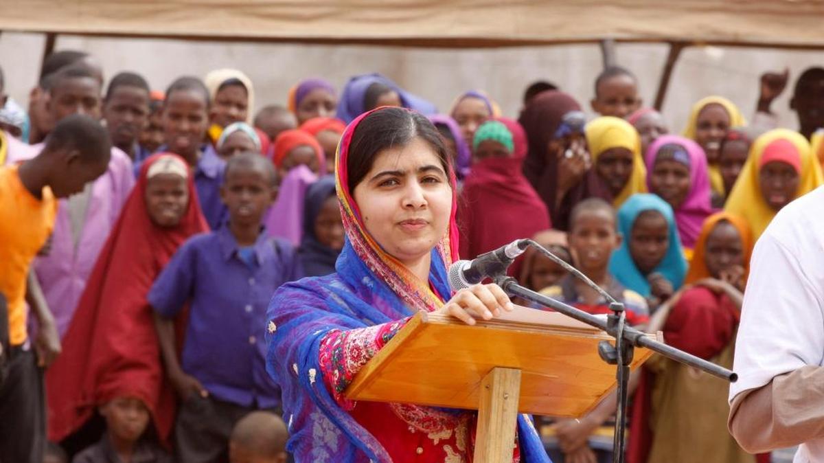 Malala Yousafza, speaks to refugees in the Dadaab refugee camp, Kenya, July 12, 2016.