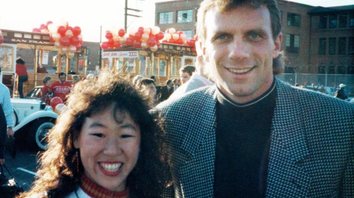 Fresno resident Jeannie Liao, left, is seen with former San Francisco 49er quarterback Joe Montana. Liao was a Gold Rush cheerleader for several years.