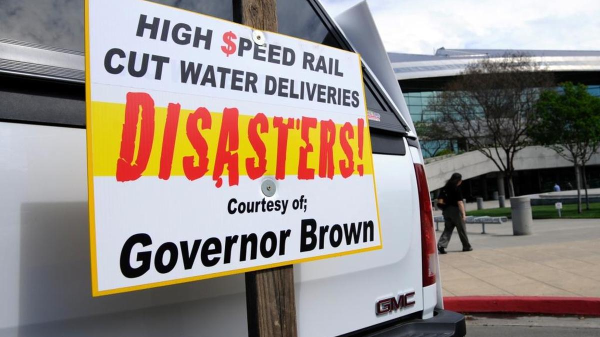 This sign represents the views of protestors who attended a California High-Speed Rail Authority board meeting held in Fresno on April 4, 2013.