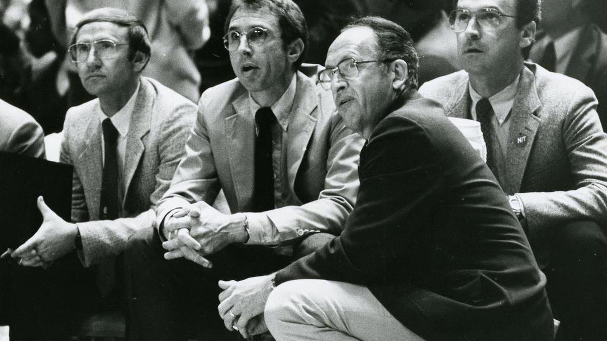 Fresno State coaches, from left, Fred Litzenberger, Ron Adams, Boyd Grant and Jim Thrash put together arguably the most successful Bulldogs team ever — the NIT championship squad of 1983 that featured Bernard Thompson, Ron Anderson and Tyrone Bradley.