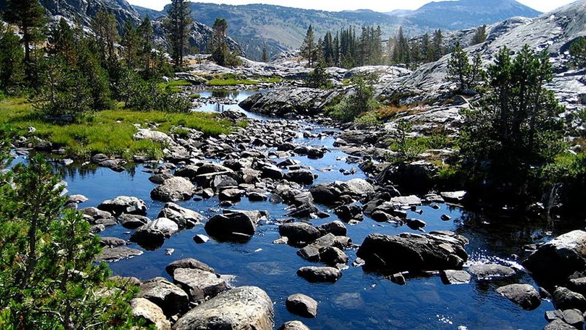 The headwaters of the San Joaquin River at the outlet of Thousand Island Lake in Inyo National Forest. 