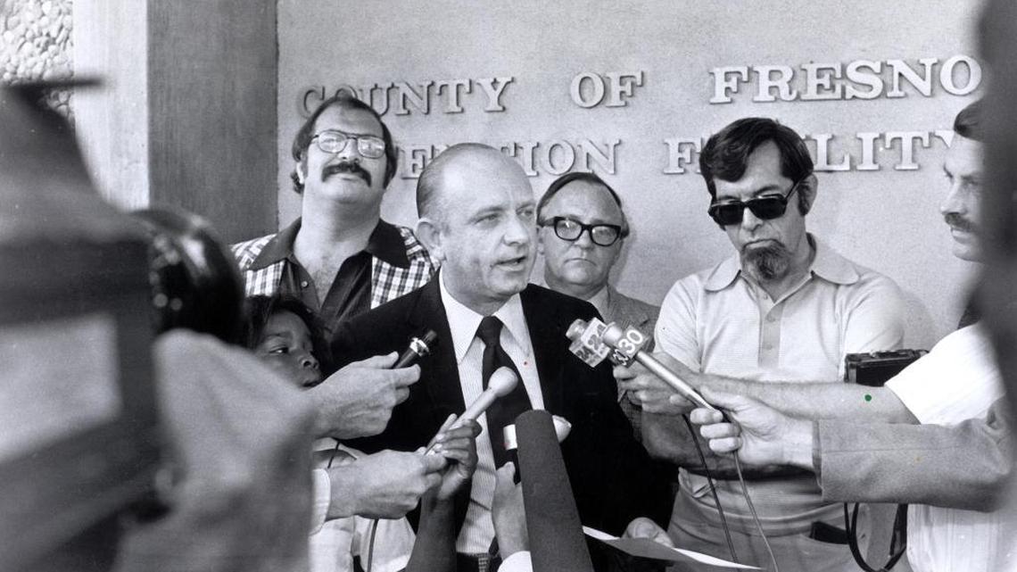 Sept. 3, 1976 - The Bee Four -- Joe Rosato, George Gruner, William K. Patterson, James Bort, Jr. are interviewed outside jail.
