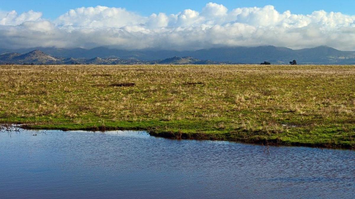 Clouds shroud the mountains behind a flooded field east of Clovis on Dec. 16, 2016.