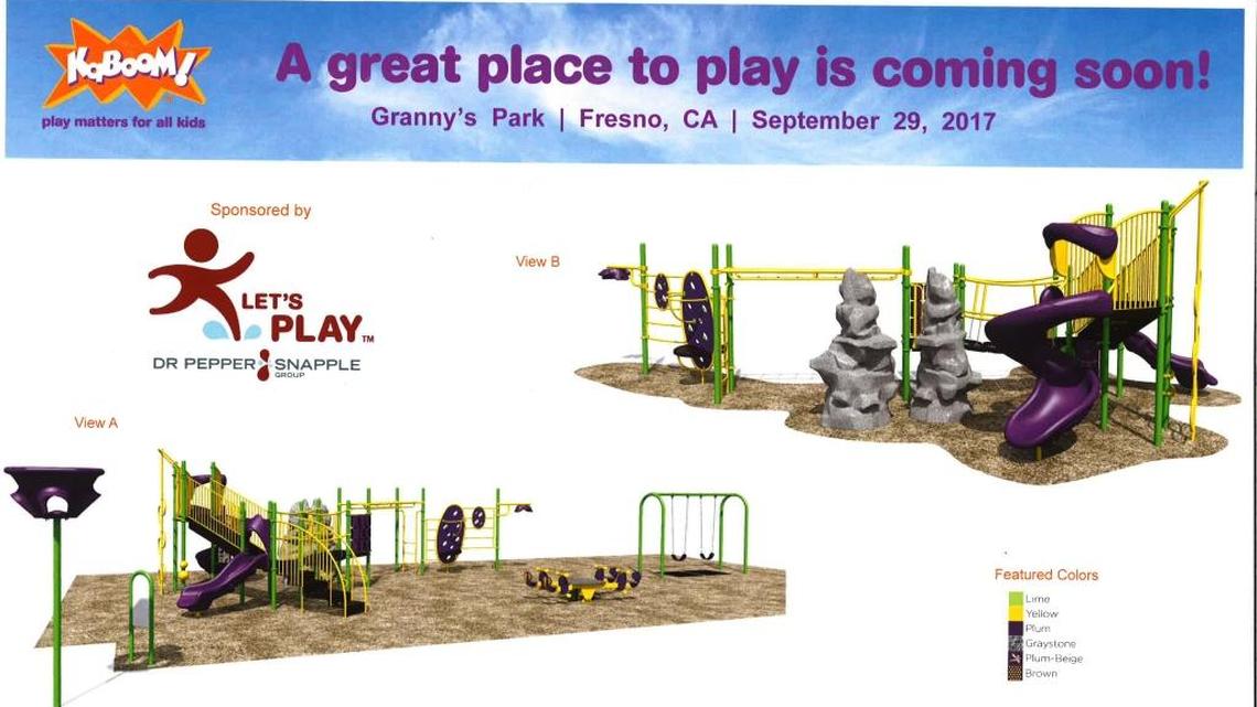 This is the colorful playground that will be provided by Ka-BOOM and corporate sponsor Dr Pepper Snapple Group for the children of Fresno.