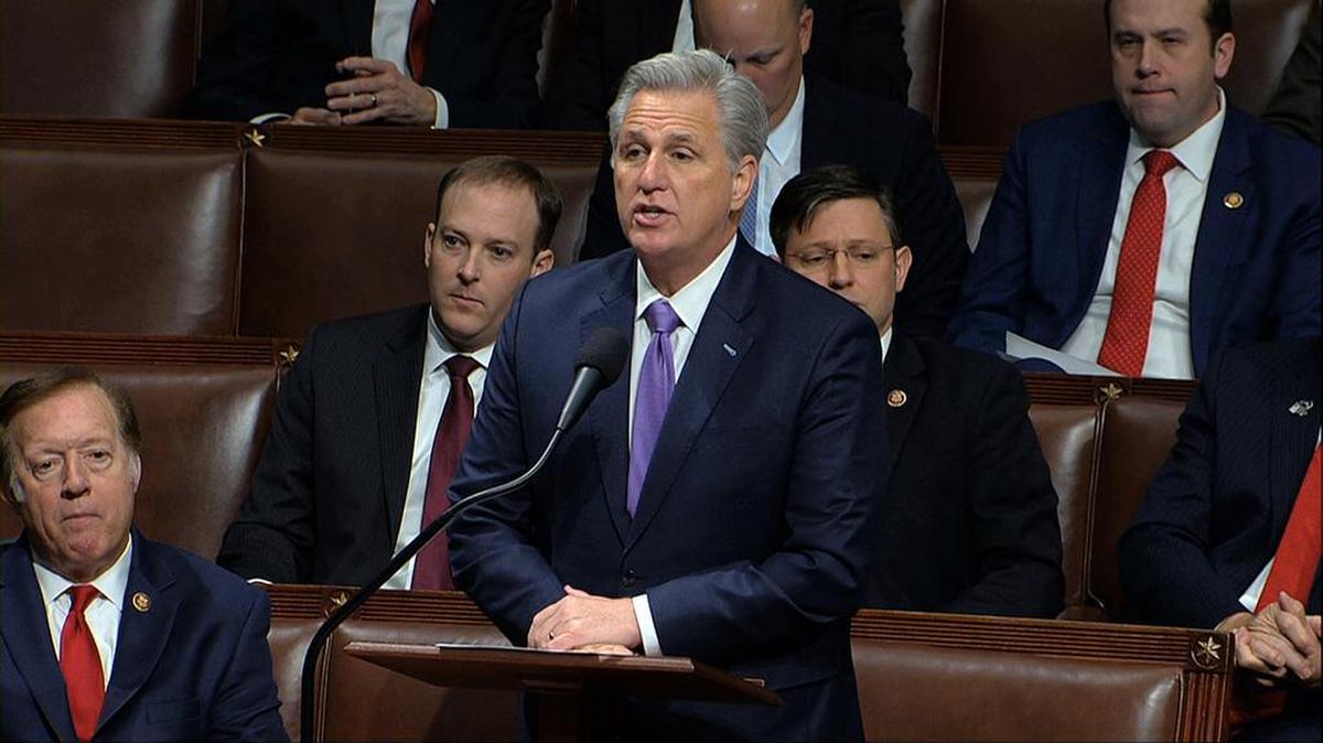 House Minority Leader Kevin McCarthy of Bakersfield speaks as the House of Representatives begins debate on the articles of impeachment against President Donald Trump at the Capitol in Washington, Wednesday, Dec. 18, 2019.