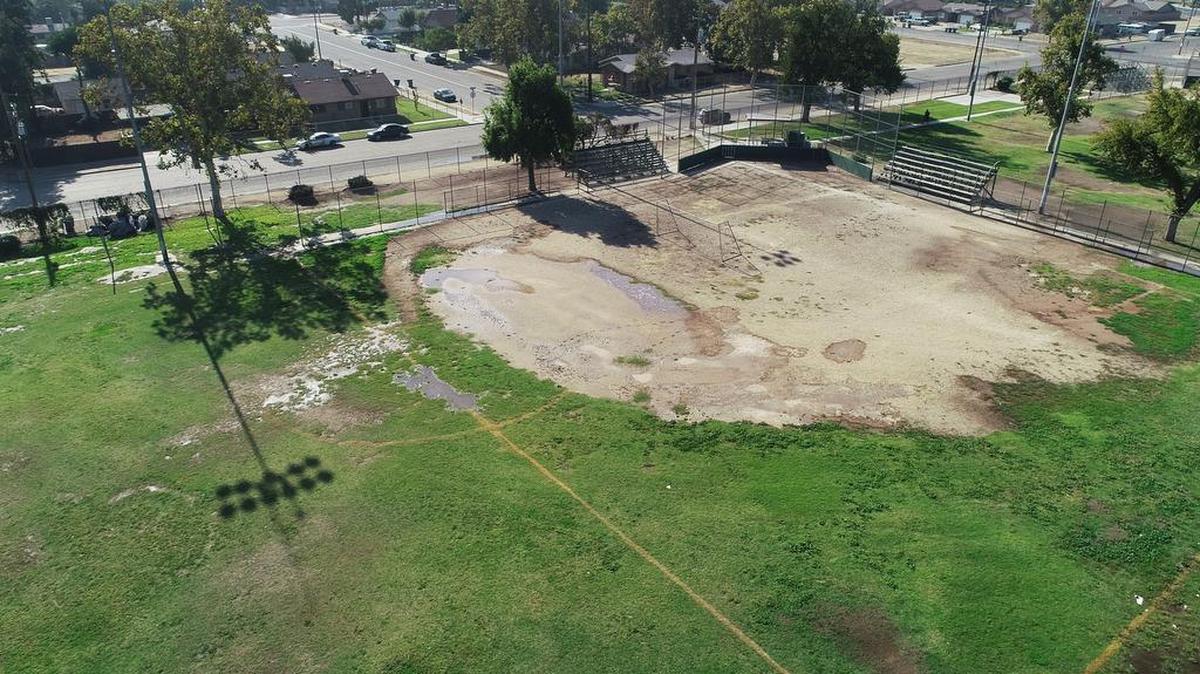 A drone photo shows unkept fields at Fink-White Park in west Fresno on Friday, Oct. 19, 2018. Measure P, the initiative that would have raised sales taxes, was intended to repair and renovate existing parks and create new ones.