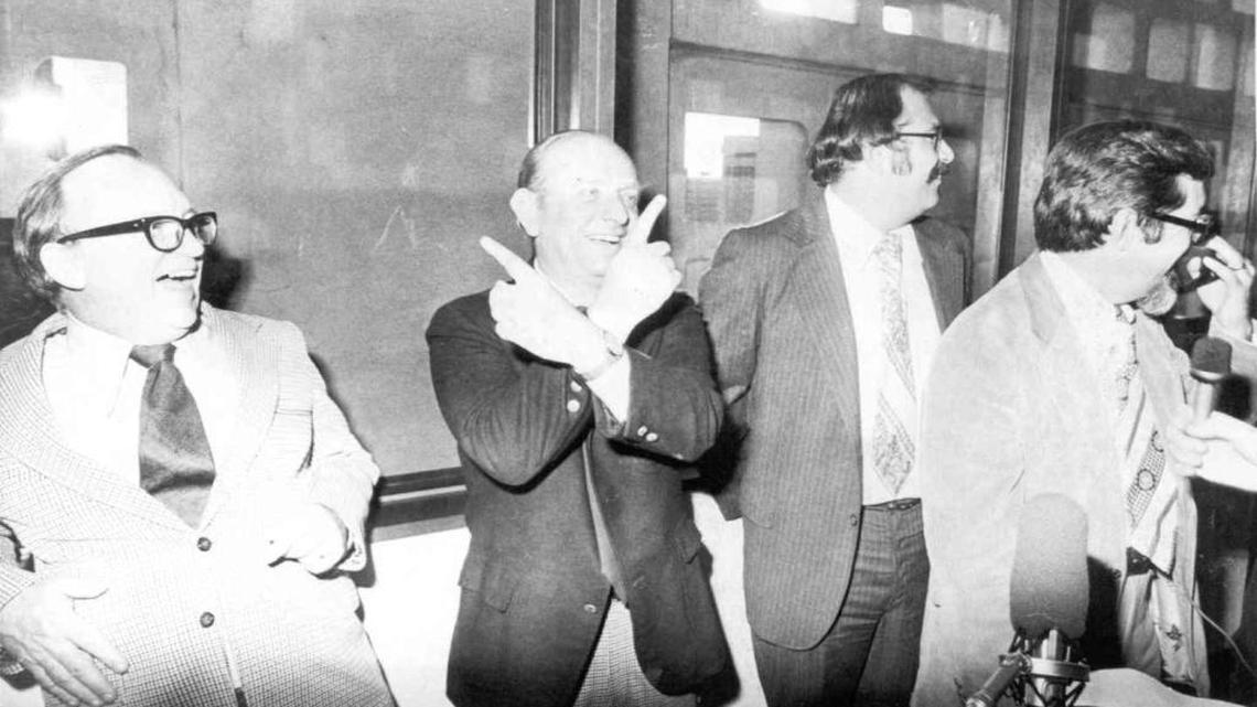 From left to right: William K. Patterson, George Gruner, Joe Rosato and James Bort Jr., on Sept. 18, 1976, after their jail release. They were jailed for 15 days at the Fresno County industrial farm for refusing to reveal a confidential source of a news story.