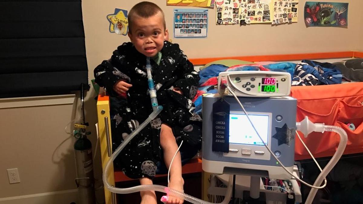 James McLelland is now 6 years old, but he will always need help breathing.