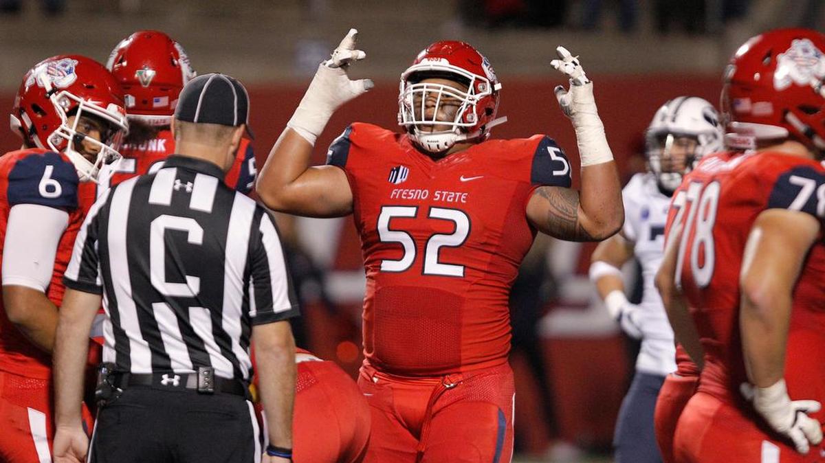 Fresno State junior left tackle Netane Muti, coming back from an Achilles injury suffered at Minnesota in the second game of the 2018 season, will be a key piece in the competition at all of the Bulldogs' offensive line positions.