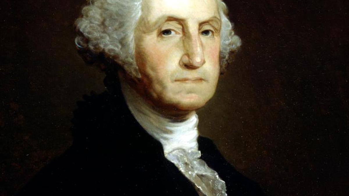 George Washington, first president of the United States, as painted by Gilbert Stuart in 1796.