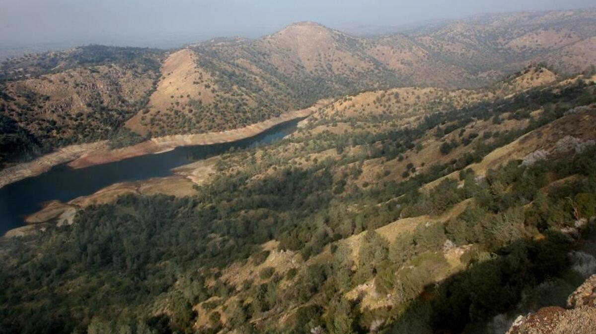 This is a view to the north over the edge of Big Table Mountain into the gorge containing the upper reaches of Millerton Lake near Temperance Flat.