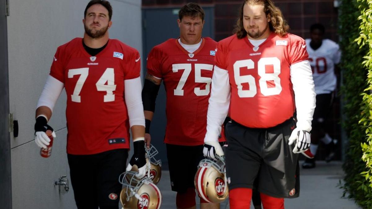 San Francisco 49ers' Joe Staley (74), Colin Kelly (75) and Zane Beadles during NFL football training camp Sunday, July 31, 2016, in Santa Clara, Calif.