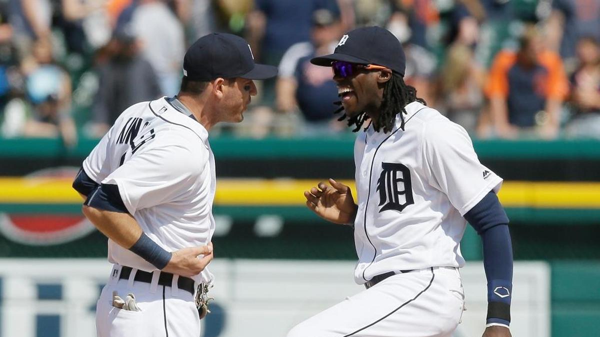 Detroit Tigers outfielder Cameron Maybin, right – celebrating with teammate Ian Kinsler on Sunday, May 22, 2016 – has been on fire since returning to the majors on Monday. In six games, Maybin is hitting .600 with a home run, five RBIs, five runs and four stolen bases.