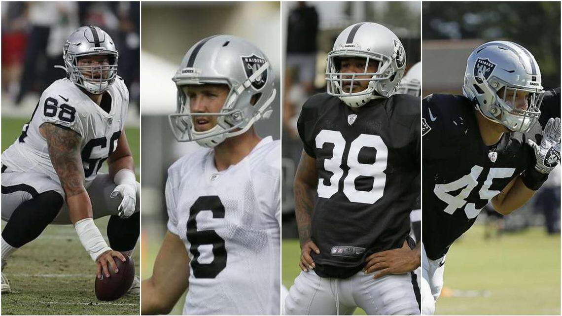 From left to right, Oakland Raiders tackle Andre James, punter A.J. Cole, cornerback Keisean Nixon and fullback Alec Ingold made the initial 53-man roster on Saturday, Aug. 31, 2019.
