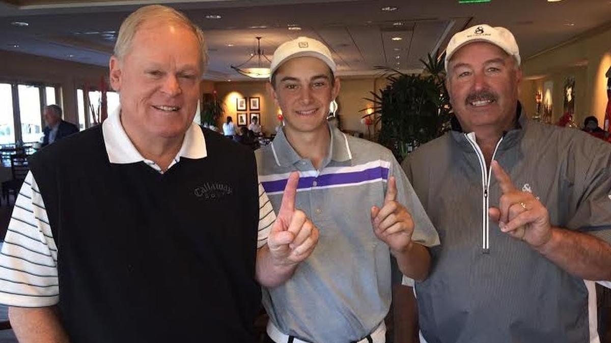 Golf pro Johnny Miller, left, stopped by the clubhouse at Silverado Resort on Sunday to offer congratulations to Clovis West senior Peter Kuest, center, after he won the FCWT Junior Golf Classic. At right is Pete Kuest Sr.