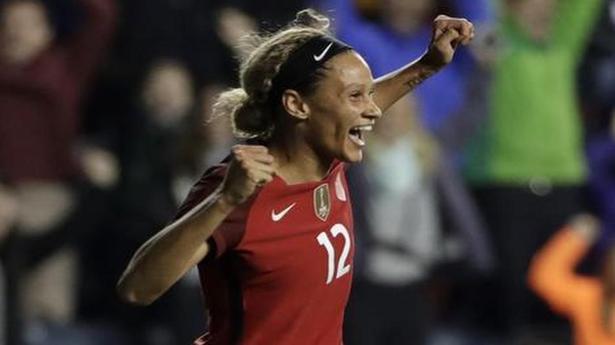 United States’ Lynn Williams celebrates after scoring a goal during the second half of a SheBelieves Cup women’s soccer match against Germany, Wednesday, March 1, 2017, in Chester, Pa. United States won 1-0.