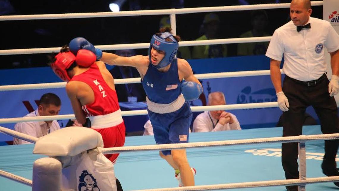 Fresno amateur boxer Marc Castro throws a punch in a gold-medal round in St. Petersburg, Russia, on Saturday.