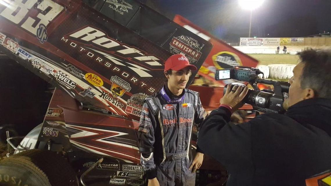 Fresno 16-year-old Gio Scelzi, seen in a victory lane interview last year, is the youngest winner in World of Outlaws history.